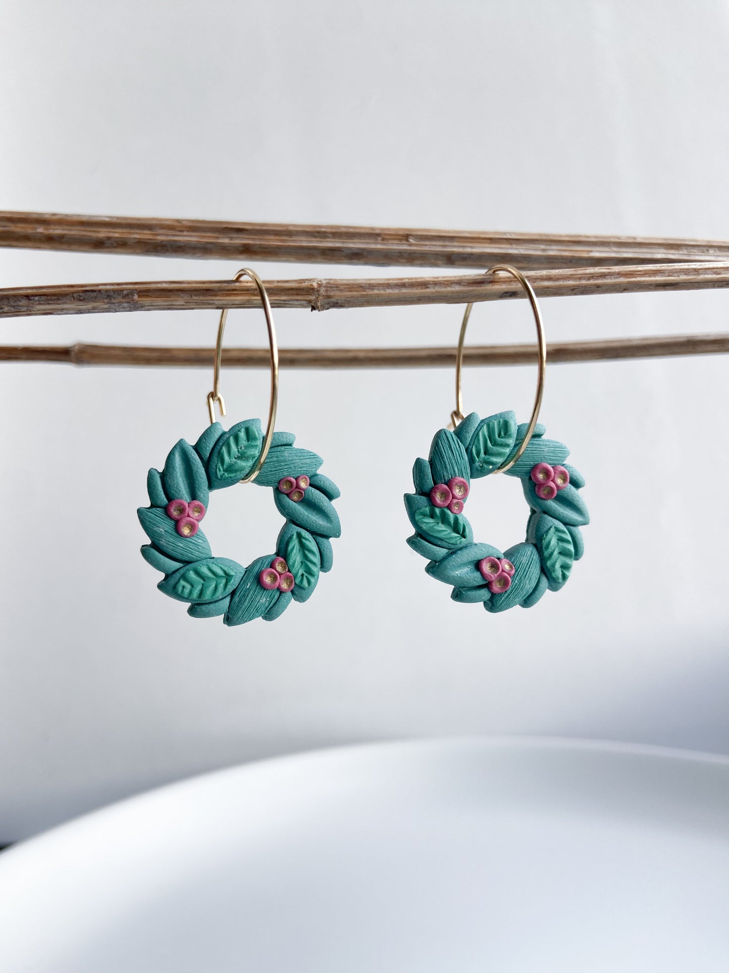 Christmas wreath on hoops statement earrings